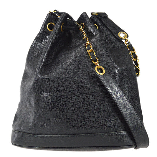 CHANEL Bucket Drawstring Chain Shoulder Bag Black Caviar 68197