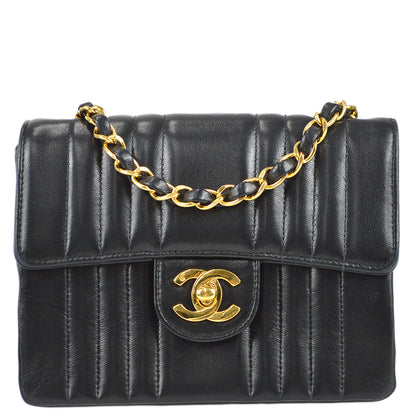 Chanel 1991-1994 Black Lambskin Mini Vertical Stitch Square Flap Bag 17