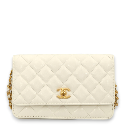 Quilted White Wallet On Chain in Caviar Leather, Gold hardware