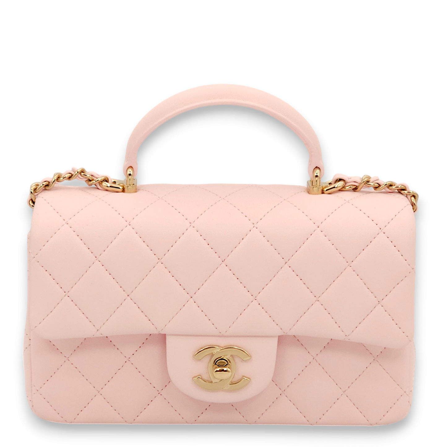 Classic Rectangle Mini Pastel pink Top Handle Bag in Lambskin, Gold hardware