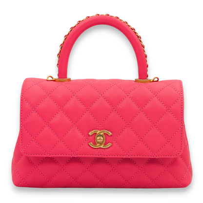Quilted Coco Handle (Chained) Small Dark Pink Top Handle Bag in Caviar Leather, Gold hardware