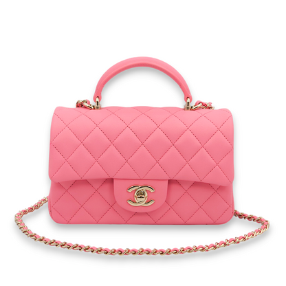 Rectangle (Quilted) Mini Pink Top Handle Bag in Lambskin, Gold hardware