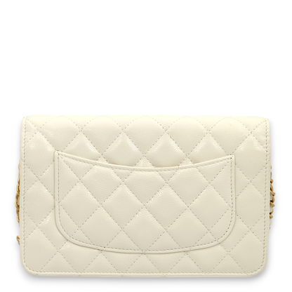 Quilted White Wallet On Chain in Caviar Leather, Gold hardware