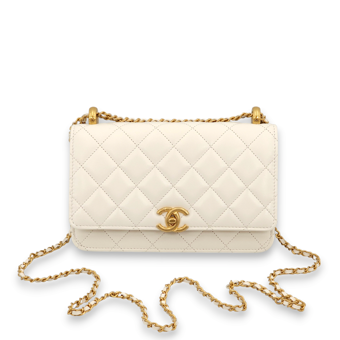 Double Pearl Crush White Wallet On Chain in Lambskin, Gold hardware