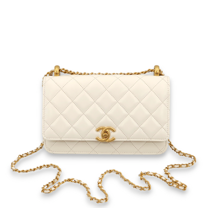 Double Pearl Crush White Wallet On Chain in Lambskin, Gold hardware