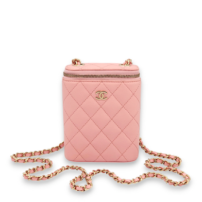 Quilted Vertical Mini Pink Vanity Bag in Caviar Leather, Gold hardware
