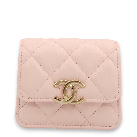 Quilted Loco Light pink/Pink enamel Wallet On Chain in Lambskin, Gold hardware