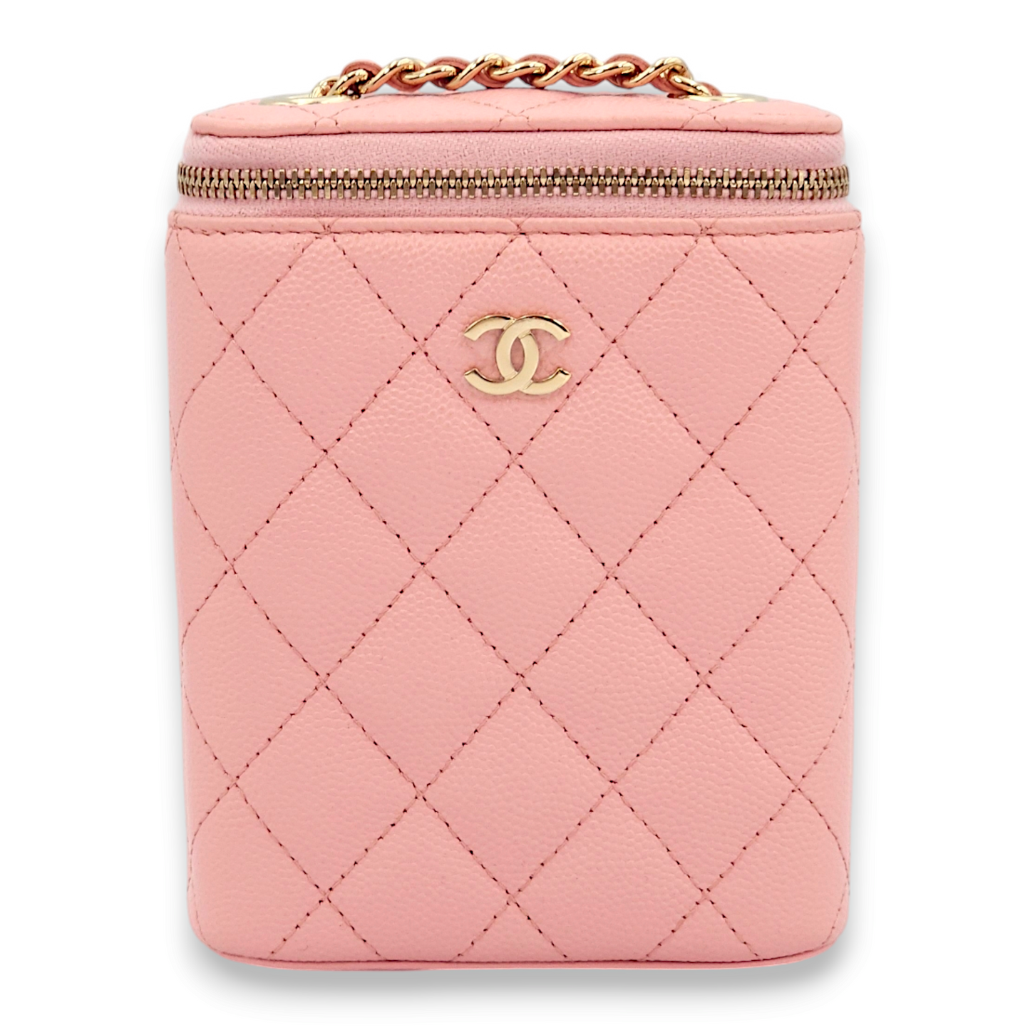 Quilted Vertical Mini Pink Vanity Bag in Caviar Leather, Gold hardware