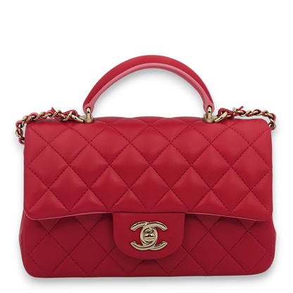 Rectangle (Quilted) Mini Rose Fince / Rose Clair Top Handle Bag in Lambskin, Gold hardware