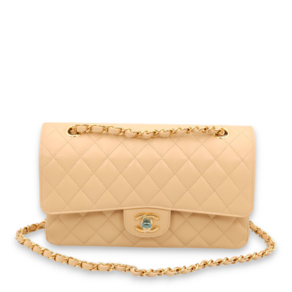 Classic Double Flap Medium Beige Shoulder Bag in Caviar Leather, Gold hardware