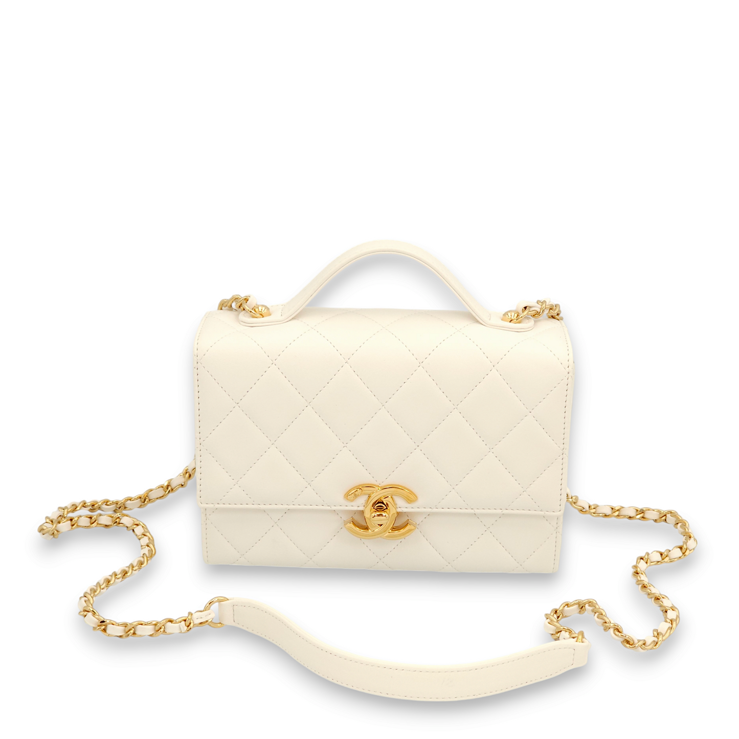Quilted Plate Flap Mini White, Gold Top Handle Bag in Lambskin, Gold hardware