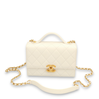 Quilted Plate Flap Mini White, Gold Top Handle Bag in Lambskin, Gold hardware