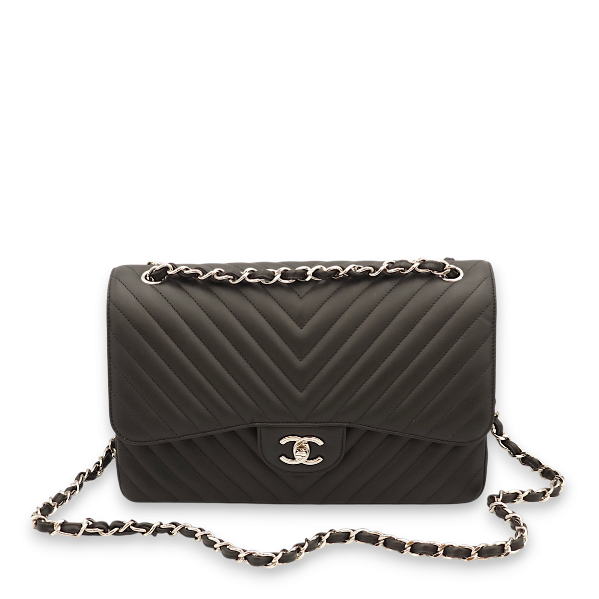 Chevron Double Flap Jumbo Black Shoulder Bag in Lambskin, Palladium hardware