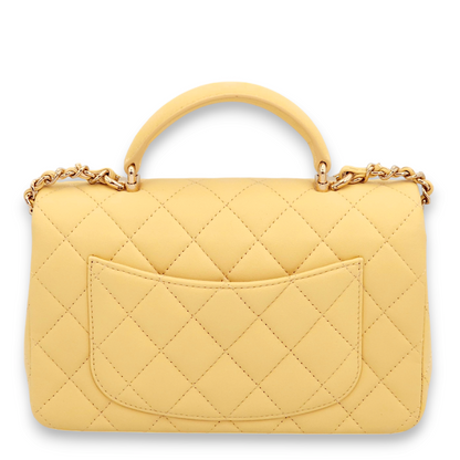 Quilted Rectangle Mini Yellow Top Handle Bag in Lambskin, Gold hardware