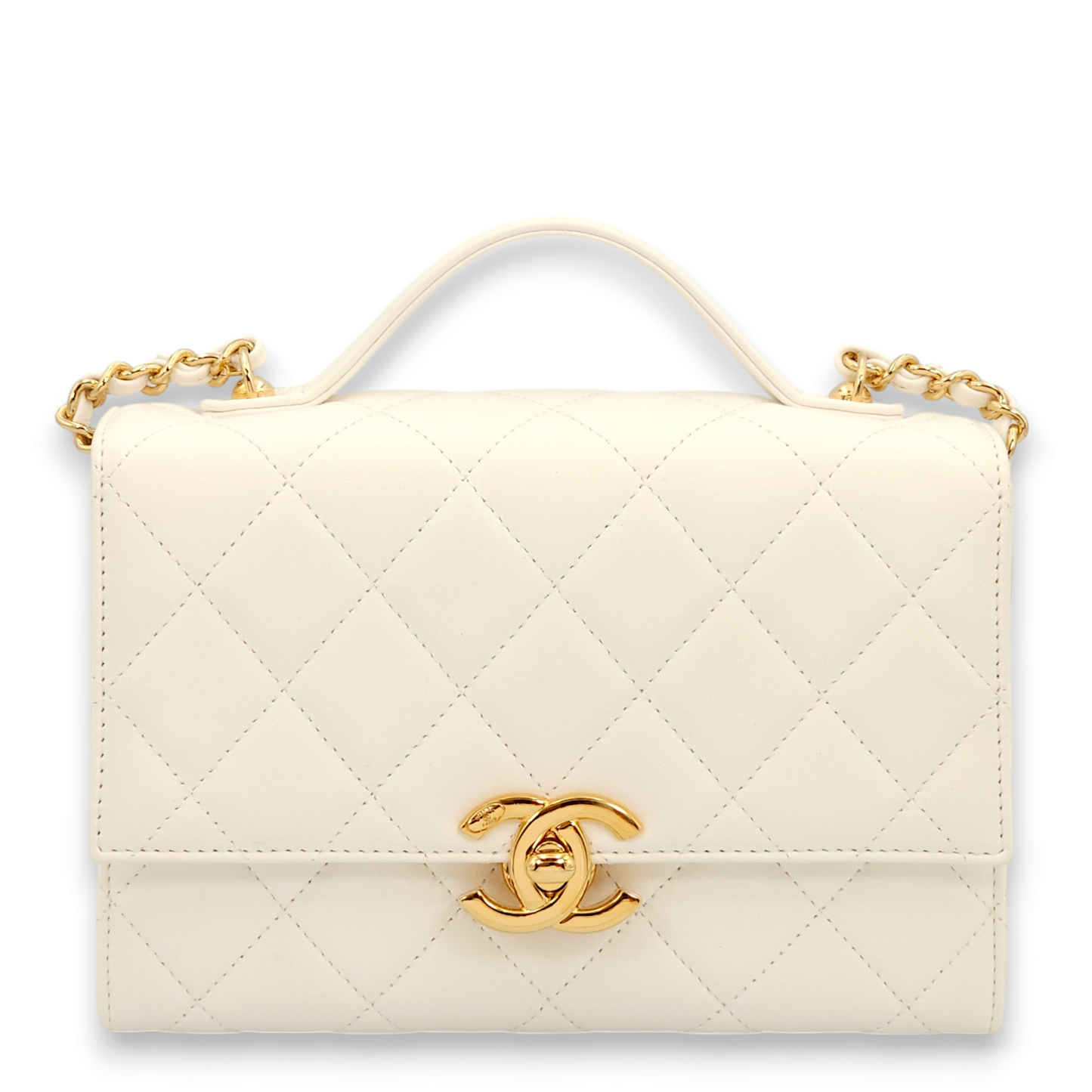 Quilted Plate Flap Mini White, Gold Top Handle Bag in Lambskin, Gold hardware
