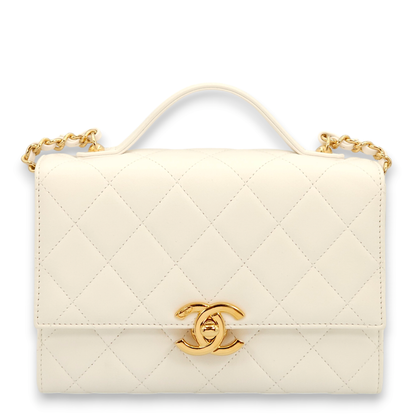 Quilted Plate Flap Mini White, Gold Top Handle Bag in Lambskin, Gold hardware