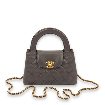 Kelly Mini Grey Crossbody Bag in Lambskin, Gold hardware