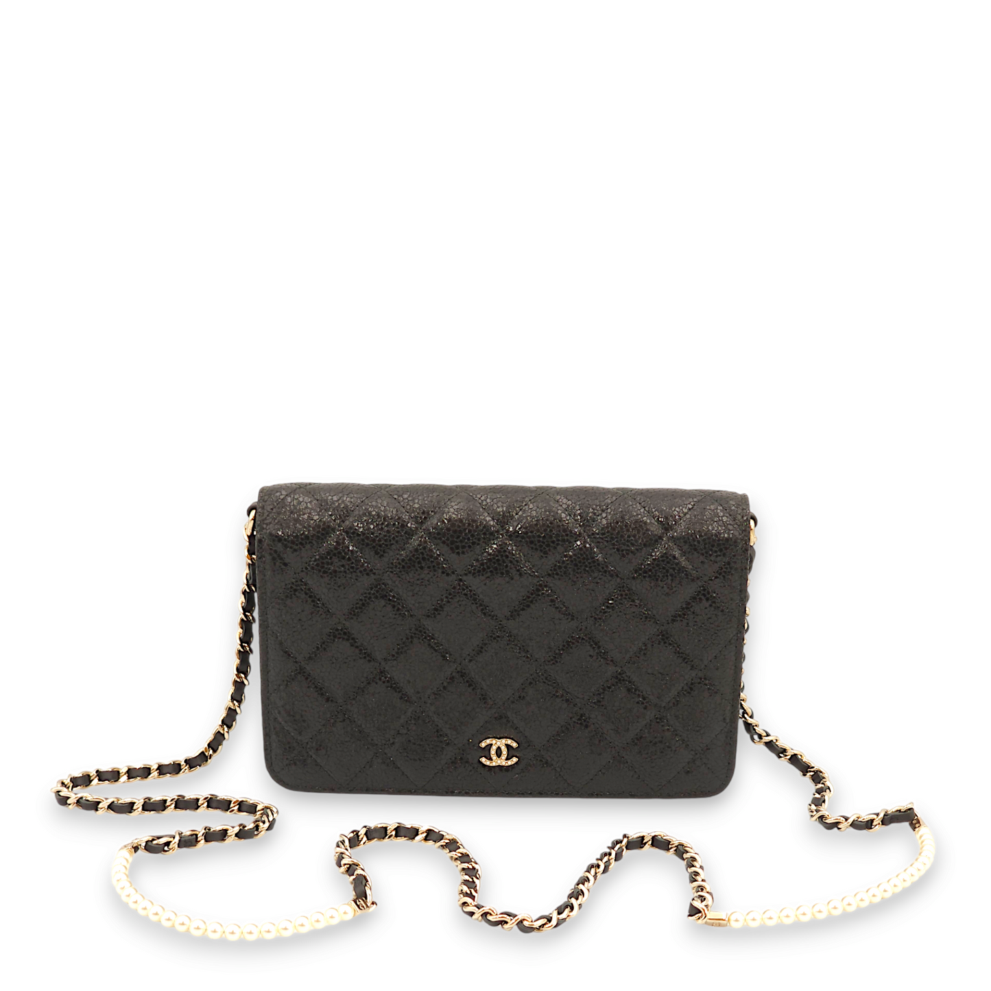 Quilted CC with Pearls Strap Black Wallet On Chain in Shimmer Crinkled Leather, Gold hardware