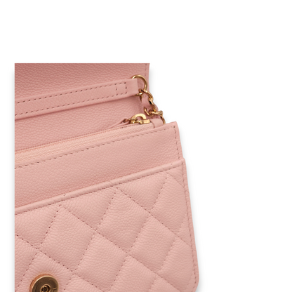 Quilted Pink Wallet On Chain in Caviar Leather, Gold hardware