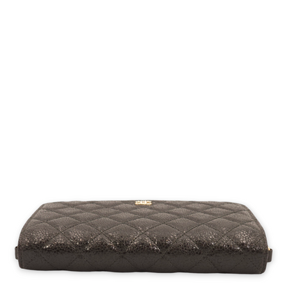 Quilted CC with Pearls Strap Black Wallet On Chain in Shimmer Crinkled Leather, Gold hardware