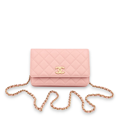 Quilted Pink Wallet On Chain in Caviar Leather, Gold hardware