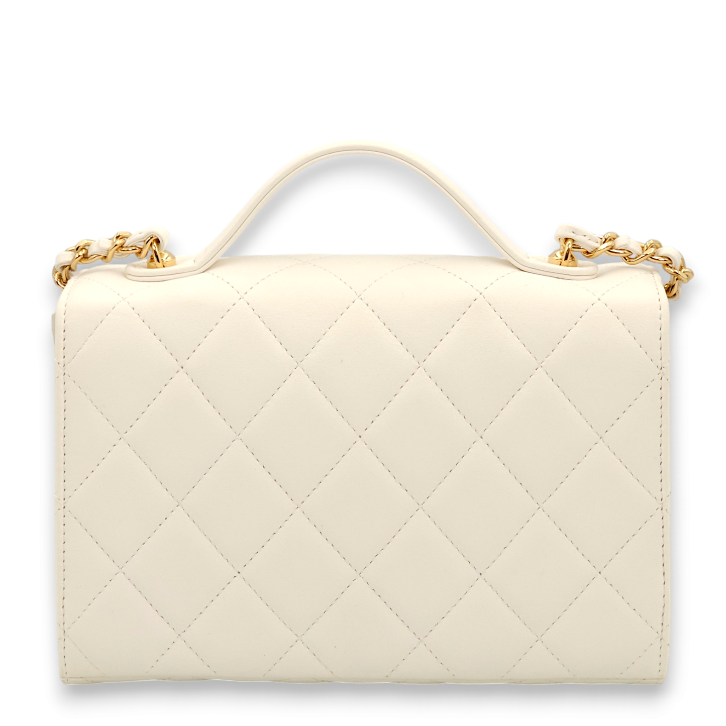 Quilted Plate Flap Mini White, Gold Top Handle Bag in Lambskin, Gold hardware