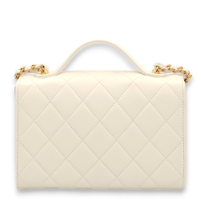 Quilted Plate Flap Mini White, Gold Top Handle Bag in Lambskin, Gold hardware