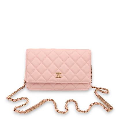 Quilted Pink Wallet On Chain in Caviar Leather, Gold hardware