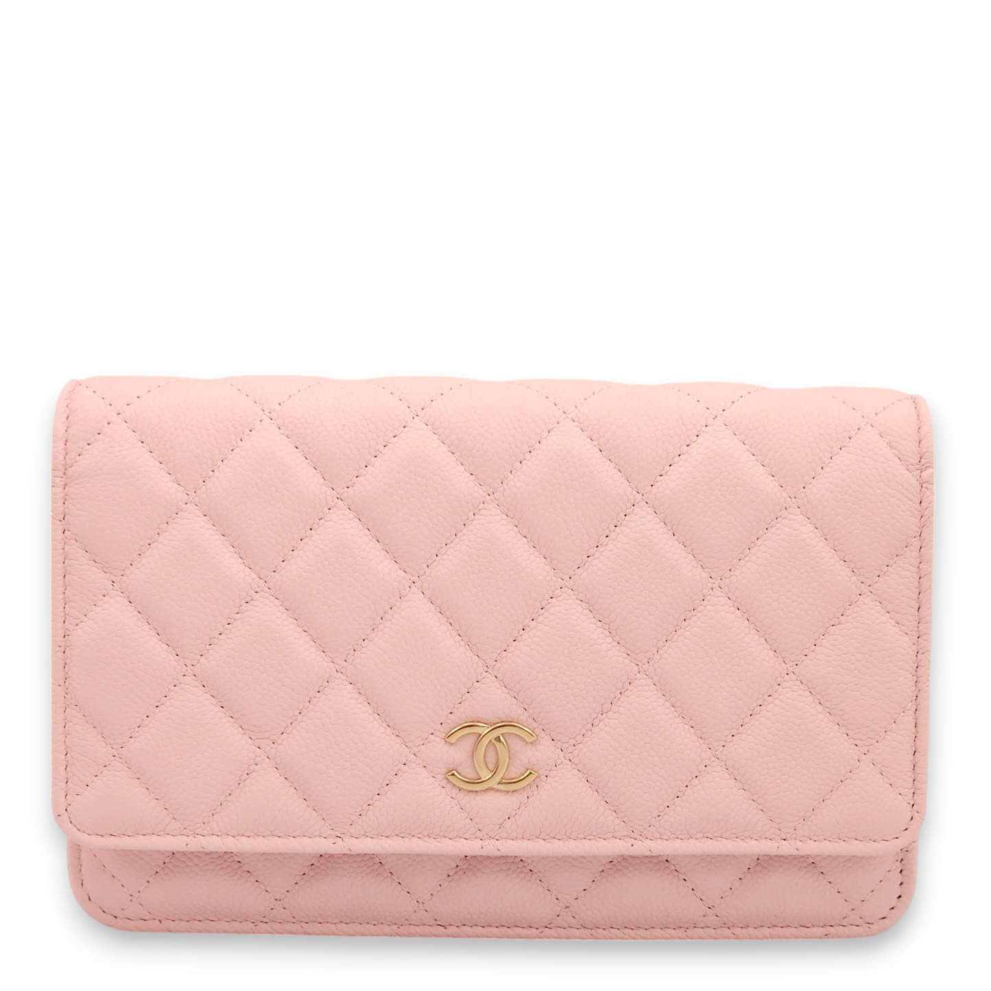 Quilted Pink Wallet On Chain in Caviar Leather, Gold hardware