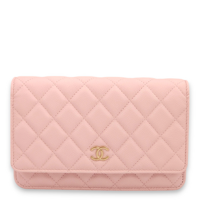 Quilted Pink Wallet On Chain in Caviar Leather, Gold hardware