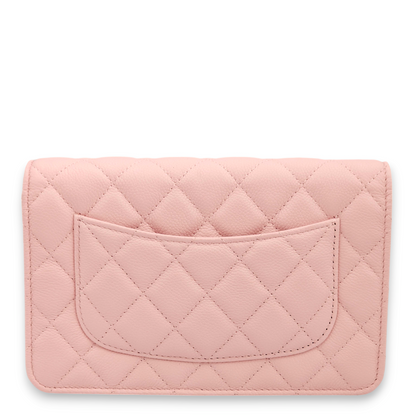 Quilted Pink Wallet On Chain in Caviar Leather, Gold hardware