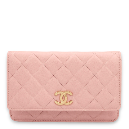 Quilted Pink Wallet On Chain in Caviar Leather, Gold hardware