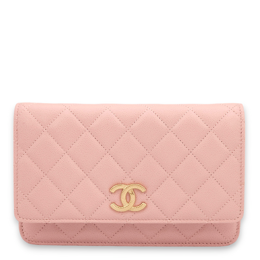 Quilted Pink Wallet On Chain in Caviar Leather, Gold hardware