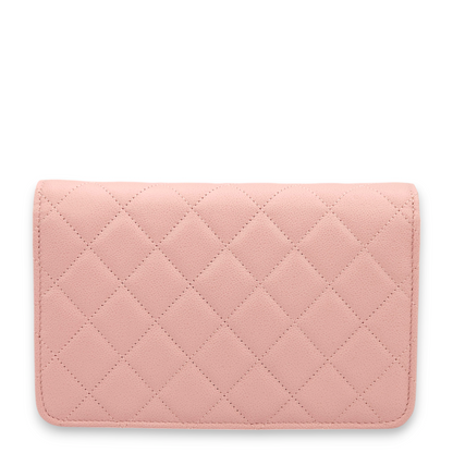 Quilted Pink Wallet On Chain in Caviar Leather, Gold hardware