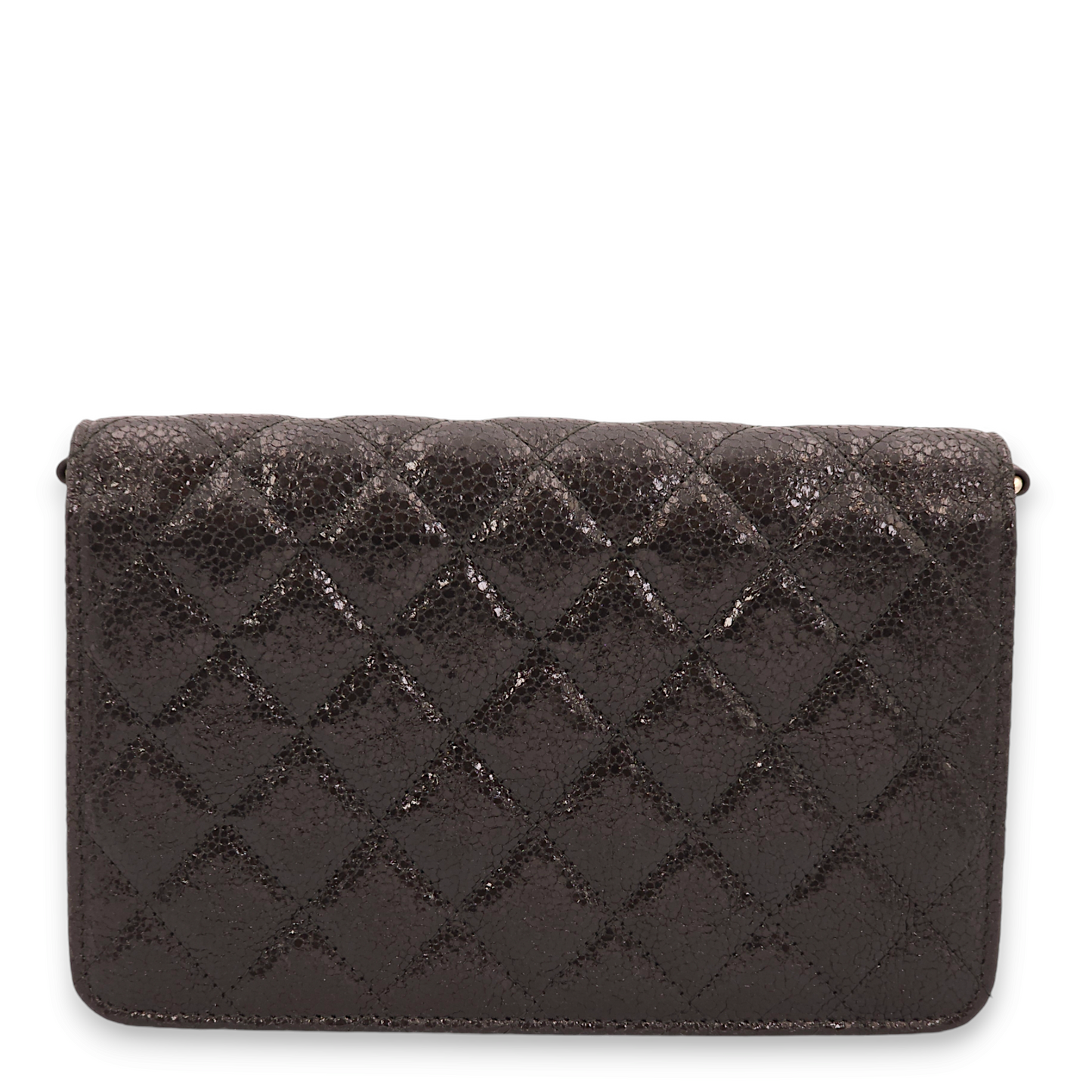 Quilted CC with Pearls Strap Black Wallet On Chain in Shimmer Crinkled Leather, Gold hardware