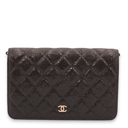 Quilted CC with Pearls Strap Black Wallet On Chain in Shimmer Crinkled Leather, Gold hardware