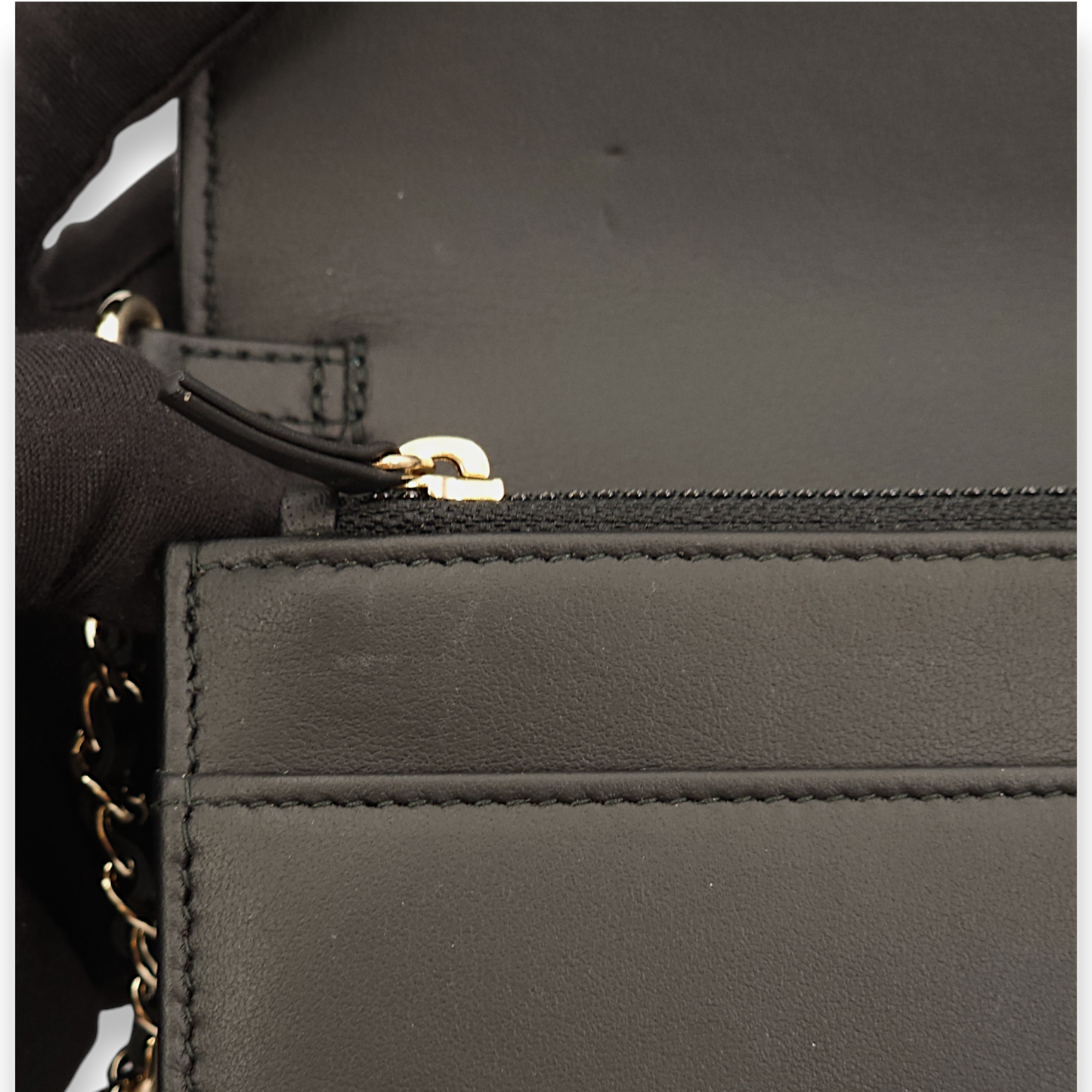 Quilted CC with Pearls Strap Black Wallet On Chain in Shimmer Crinkled Leather, Gold hardware