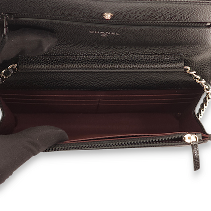 Classic Black Wallet On Chain in Caviar Leather, Palladium hardware