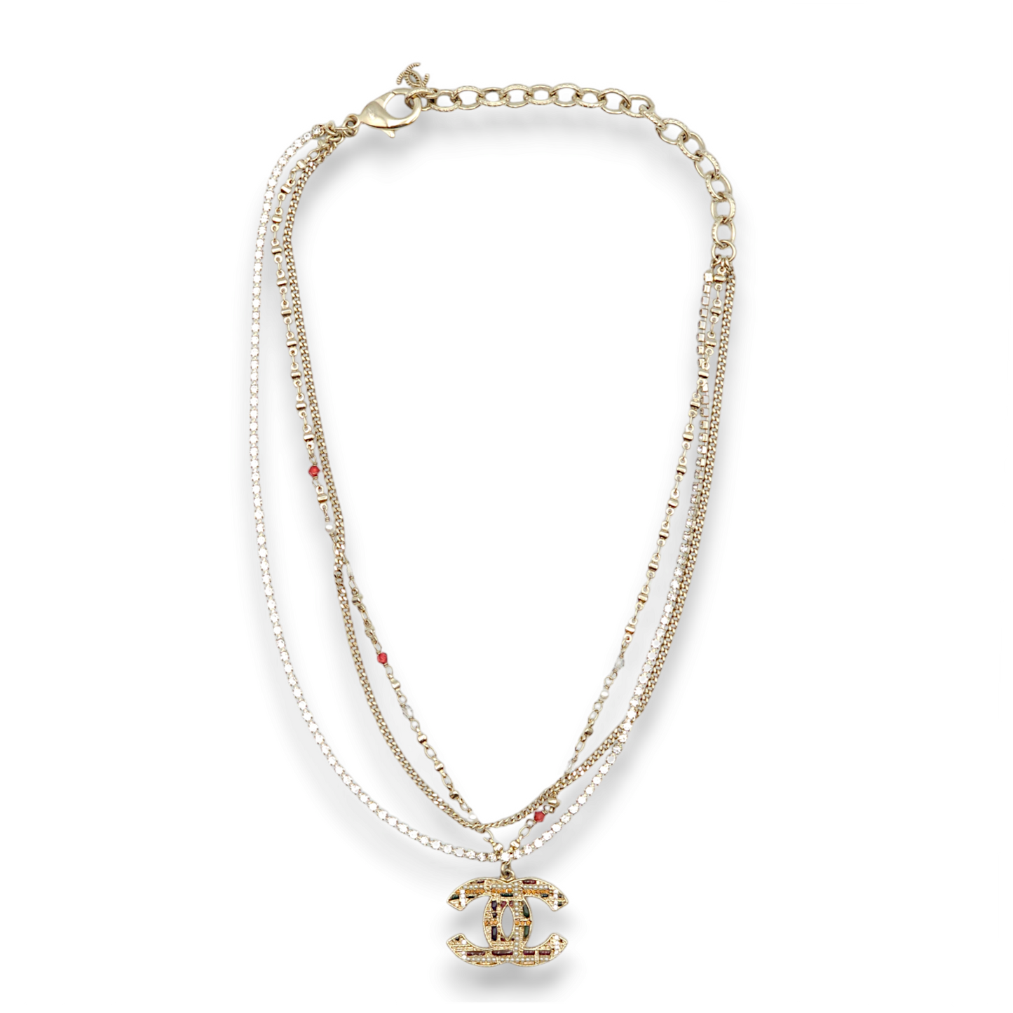 CC Triple Strand Red, Green, White and Blue Necklace in Crystal, Gold hardware