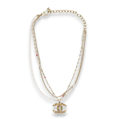 CC Triple Strand Red, Green, White and Blue Necklace in Crystal, Gold hardware
