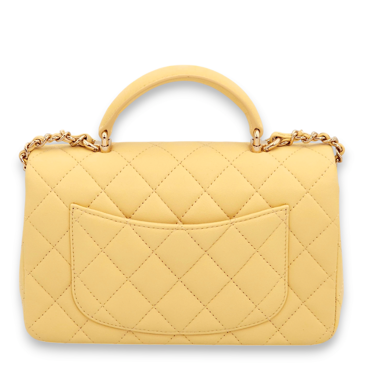 Quilted Rectangle Mini Yellow Top Handle Bag in Lambskin, Gold hardware