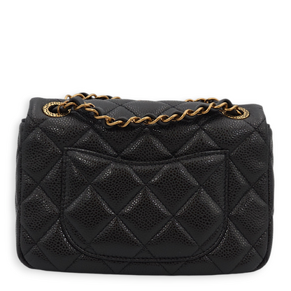 Seasonal Quilted Flap Mini Black Crossbody Bag in Caviar Leather, Gold hardware
