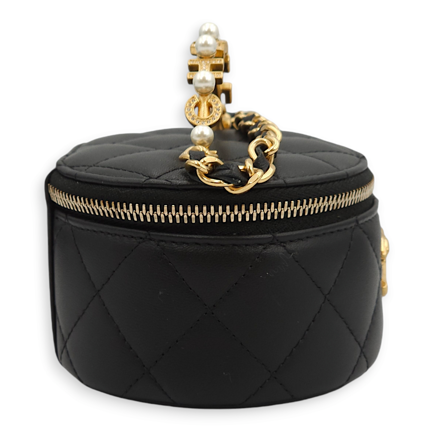 Round Vanity Logo/Pearl Black Top Handle Bag in Lambskin, Gold hardware