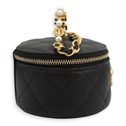 Round Vanity Logo/Pearl Black Top Handle Bag in Lambskin, Gold hardware