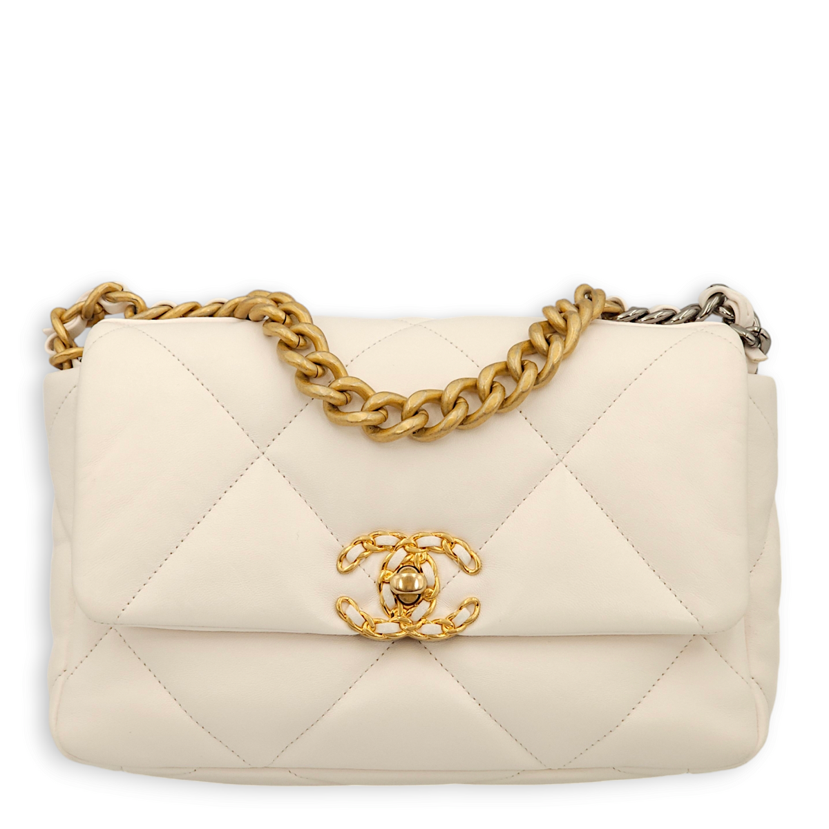 S19 Flap Small White Shoulder Bag in Lambskin, 3-Tone hardware