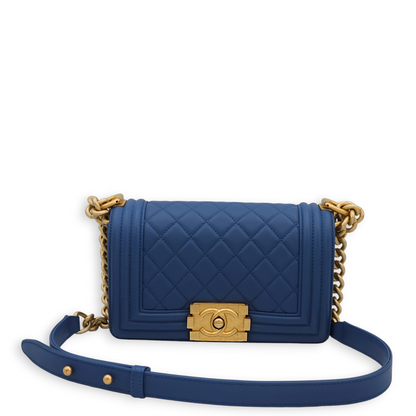 Quilted Le Boy Small Blue Shoulder Bag in Lambskin, Gold hardware