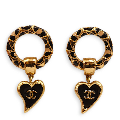 Round Dangling Heart Black/Gold Earrings, Gold hardware