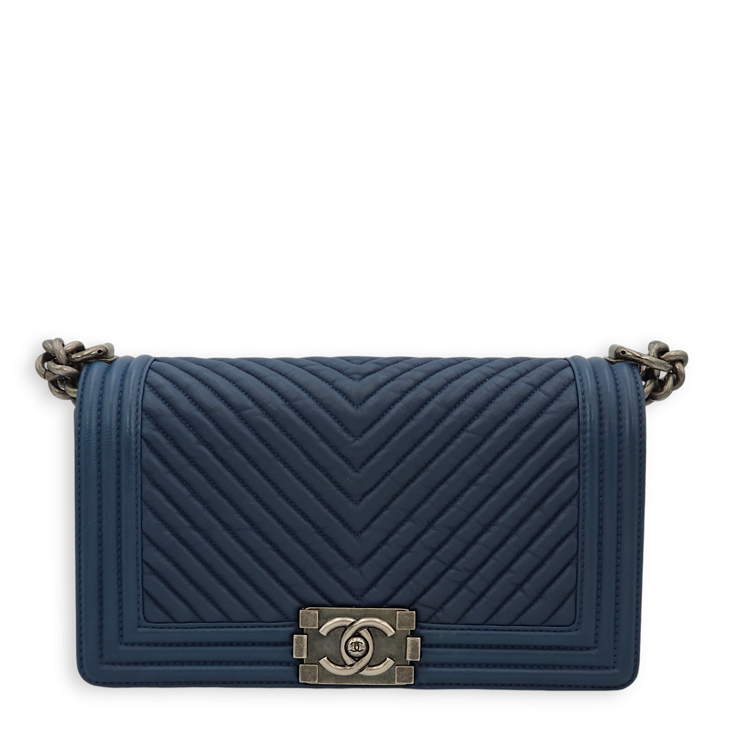 Chevron Le Boy Medium Dark Blue Shoulder Bag in Lambskin, Ruthenium hardware
