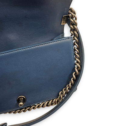 Chevron Le Boy Medium Dark Blue Shoulder Bag in Lambskin, Ruthenium hardware