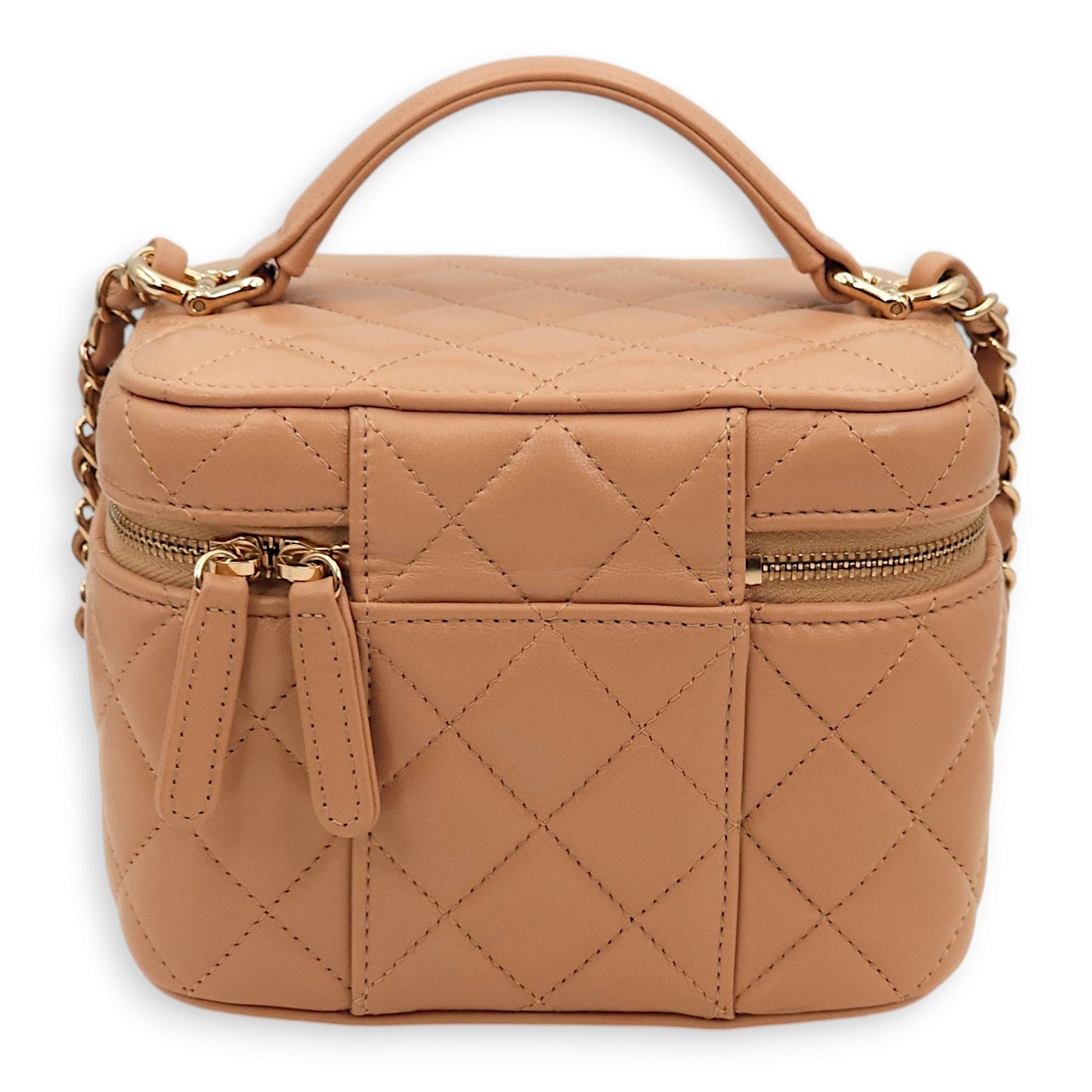 Quilted Vanity Beige Top Handle Bag in Lambskin, Gold hardware